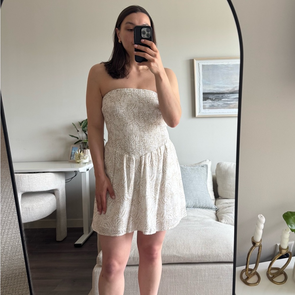Universal Thread Strapless Smocked Mini Dress in Cream with Subtle Print
